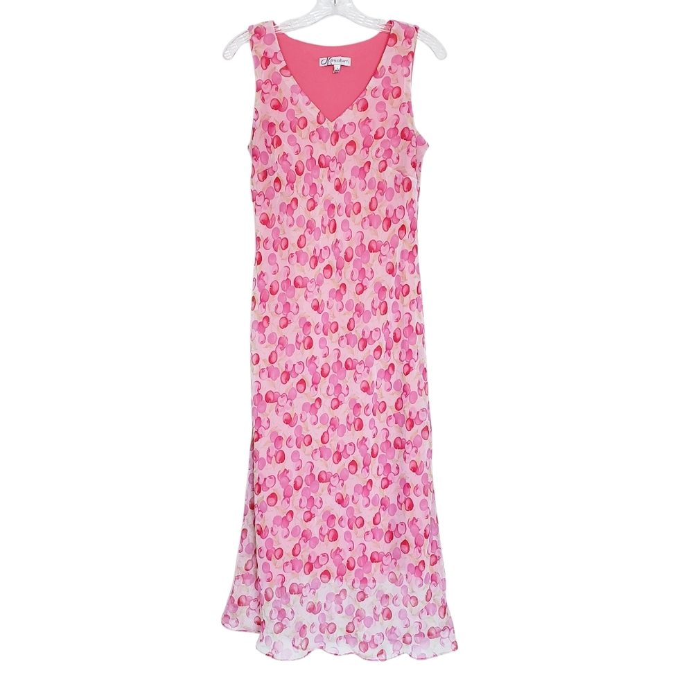 Vintage Dressbarn Pink Cherry Print Maxi Dress